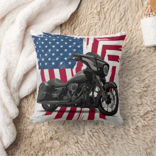 Custom motorcycle art with American flag backdrop Cushion