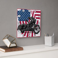Custom motorcycle art with American flag backdrop