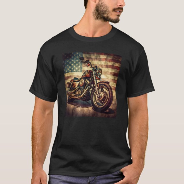 Custom Motorcycle Retro USA Flag Retro Biker Vinta T-Shirt (Front)