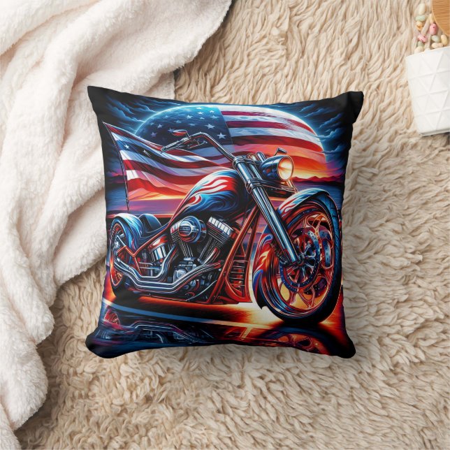 Custom motorcycle with an American flag at sunset Cushion (Blanket)