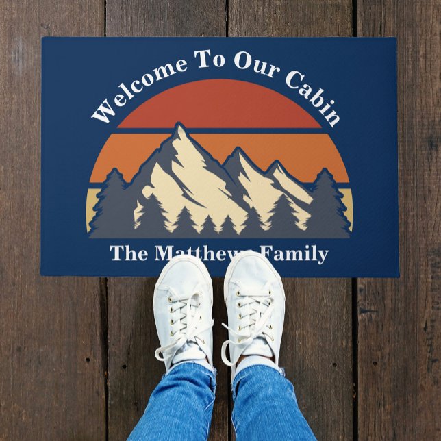 Custom Mountain Sunset Blue Log Cabin Welcome Doormat (Creator Uploaded)