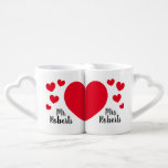 Custom Mr and Mrs heart lovers mug set for couple<br><div class="desc">Custom Mr and Mrs heart lovers mug set for couple. Personalised coffee mugs for him and her. Cute design with love icons and custom family name. Romantic Valentines Day or wedding gift idea for husband and wife couple, newly weds or bride and groom. Elegant Mr and Mrs gift ideas. Also...</div>