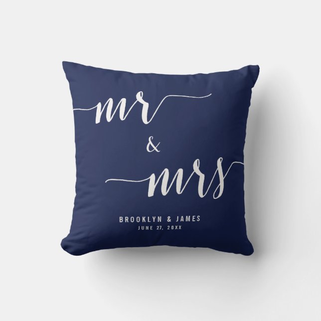 Custom Mr. and Mrs. Navy Blue Wedding Pillows (Front)