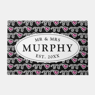 Custom mr and mrs pink heart pattern welcome doormat