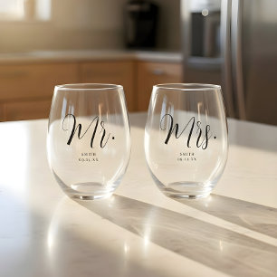 Custom 'Mr. & Mrs.' Minimal Script Wedding Stemless Wine Glass
