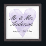 Custom Mr Mrs purple watercolor heart wedding ring Gift Box<br><div class="desc">Custom Mr and Mrs purple watercolor heart wedding keepsake gift box with magnetic lid. Add personalised name of bride and groom / newly weds. Vintage love symbol background design with stylish script typography. Great for ring bearer, jewellery, party favour and other stuff. Also nice for elegant engagement, anniversary, bridal shower...</div>