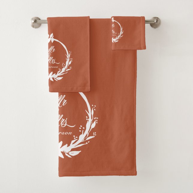 Custom Mr & Mrs Terracotta Rust Newlyweds Bath Towel Set (Insitu)