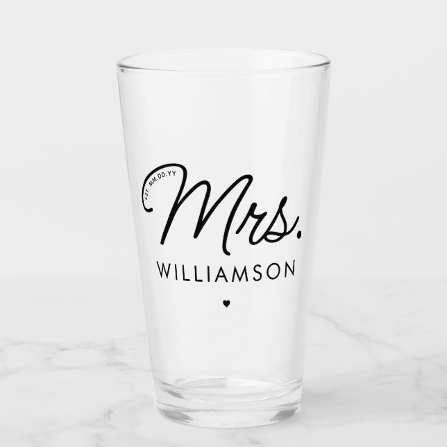 Custom Mrs. Est. Modern Elegant Script Newlywed Glass (Front)