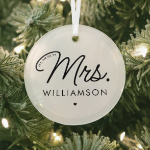 Custom Mrs. Est. Modern Elegant Script Newlywed Glass Tree Decoration