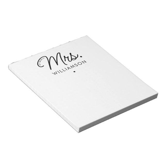 Custom Mrs. Est. Modern Elegant Script Newlywed Notepad (Angled)