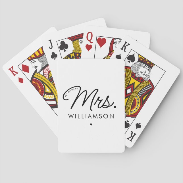 Custom Mrs. Est. Modern Elegant Script Newlywed Playing Cards (Back)