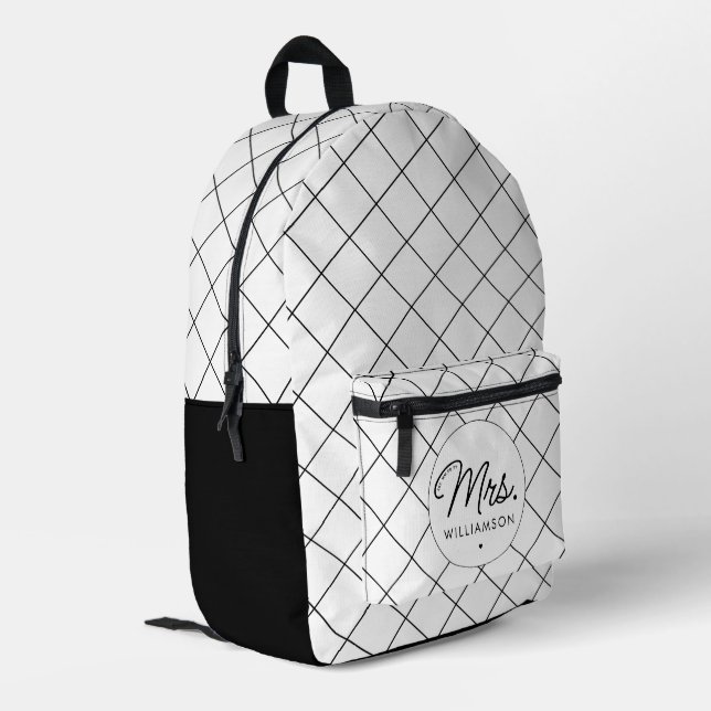 Custom Mrs. Est. Modern Elegant Script Newlywed Printed Backpack (Back Corner Left)