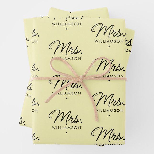 Custom Mrs. Est. Modern Elegant Script Newlywed Wrapping Paper Sheet (In situ)