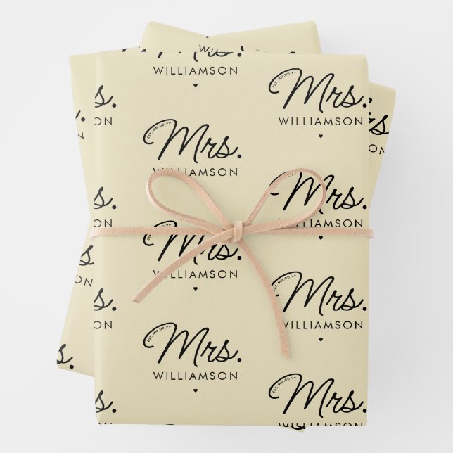 Custom Mrs. Est. Modern Elegant Script Newlywed Wrapping Paper Sheet (In situ)