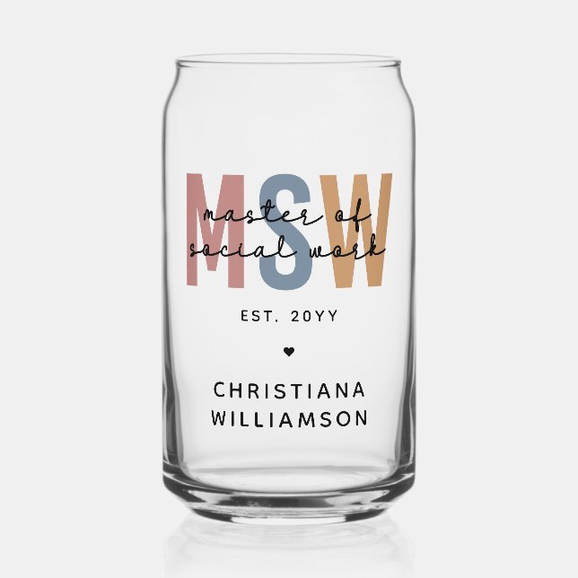 Custom MSW Master of Social Work Retro Graduation Can Glass (Front)