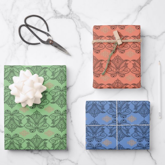 Custom Multi-Patterned Med Damask Lotus Flower 3 Wrapping Paper Sheet (Front)