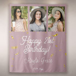 Custom Multi Photo Birthday Party Wall Backdrop Tapestry<br><div class="desc">Happy Birthday! Custom Photo Booth or Party Wall Backdrop as birthday party wall decor! Space for 3 photos of the birthday girl,  and easily customise the modern typography design with your name,  message,  and birth date. This layout features printed gold confetti sparkles over a blush pink background.</div>