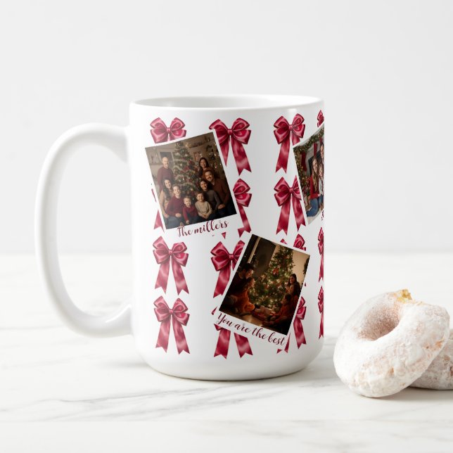 Custom Multi-Photo Christmas Mug with Red Bows (With Donut)