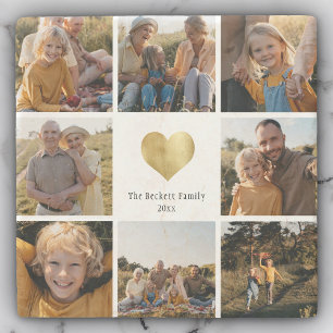 Custom Multi Photo Family Keepsake Gold Heart Stone Coaster