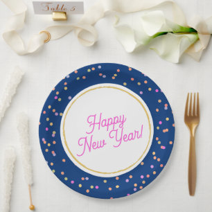 Custom Multicolor Dots Blue & Pink Happy New Year Paper Plate