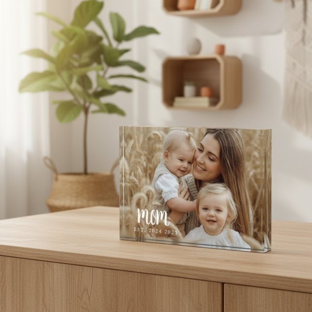 Custom Mum Established Modern Script Photo (minimal white script photo gift for new mom established date acrylic block for baby nursery mothers)