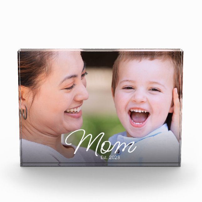 Custom Mum Established Modern Script Photo Block (Front)