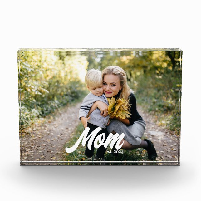 Custom Mum Established Modern Script Photo Block (Front)