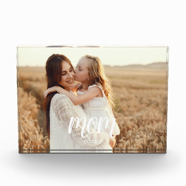 Custom Mum Established Modern Script Photo Block (Front)