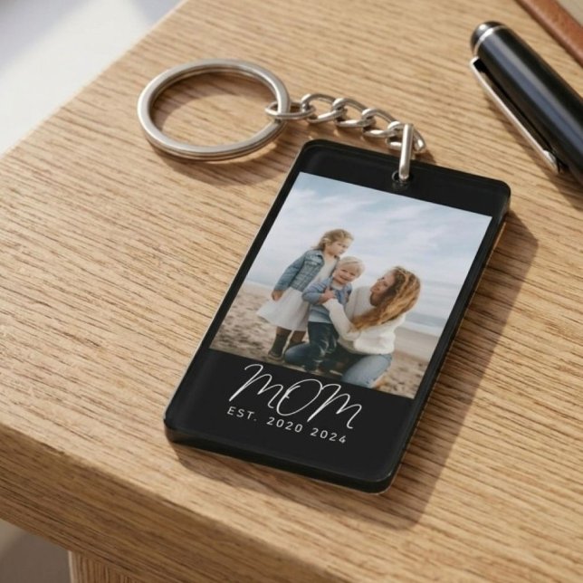 Custom Mum Established Modern Script Photo Gift Key Ring (Creator Uploaded)