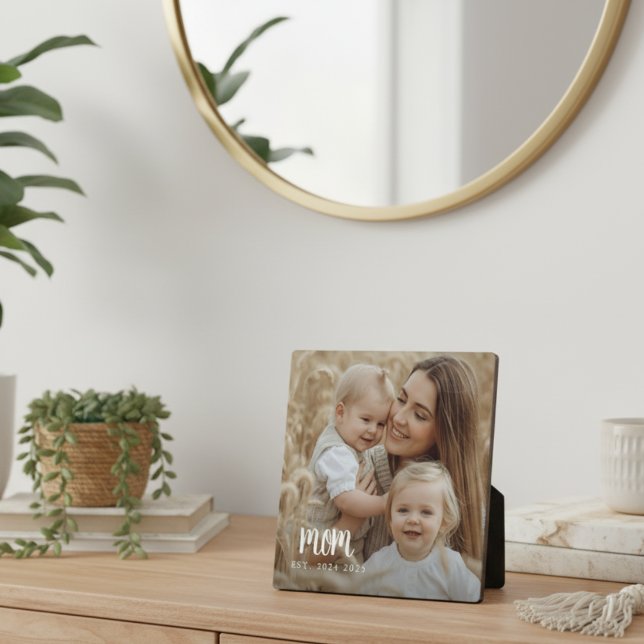 Custom Mum Established Modern Script Photo Plaque (elegant minimal trendy script mom established date custom photo plaque home decor gift for mothers)