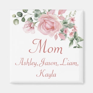 Custom Mum Pink Roses Floral 4 to 8 Kids Names Magnet