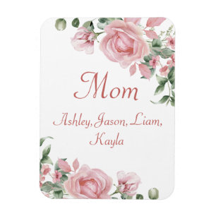 Custom Mum Pink Roses Floral 4 to 8 Kids Names Magnet