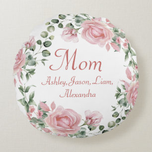 Custom Mum Pink Roses Floral 4 to 8 Kids Names Round Cushion