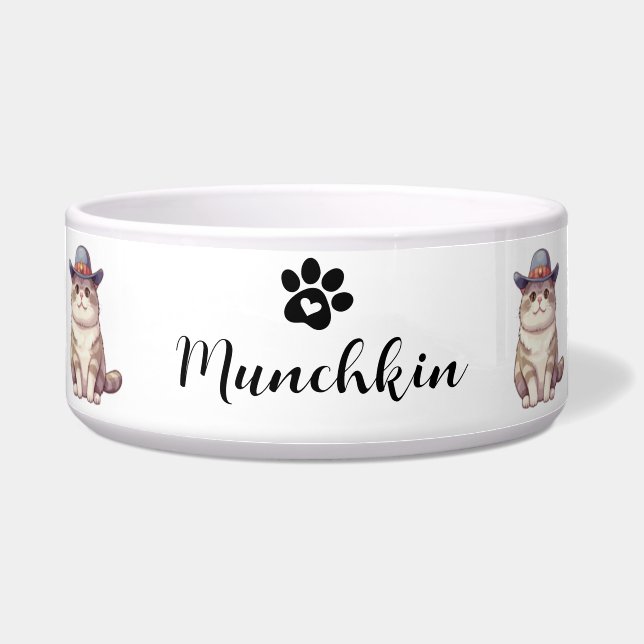 Custom Munchkin Cat Bowl with Name & Breed Design  (Front)
