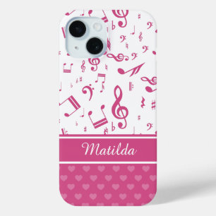 Custom Music Notes and Hearts Pattern Pink White iPhone 15 Case