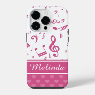 Custom Music Notes and Hearts Pattern Pink White iPhone 14 Pro Case