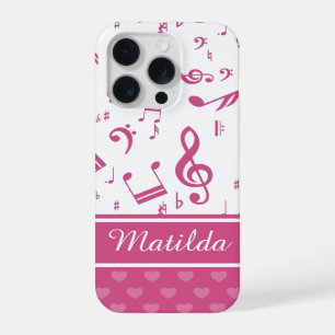 Custom Music Notes and Hearts Pattern Pink White iPhone 15 Pro Case