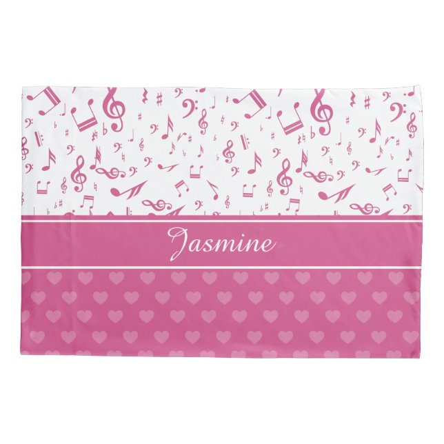 Custom Music Notes and Hearts Pattern Pink White Pillowcase (Back)