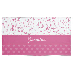 Custom Music Notes and Hearts Pattern Pink White Pillowcase