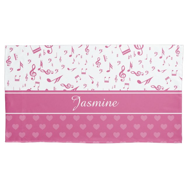 Custom Music Notes and Hearts Pattern Pink White Pillowcase (Front)