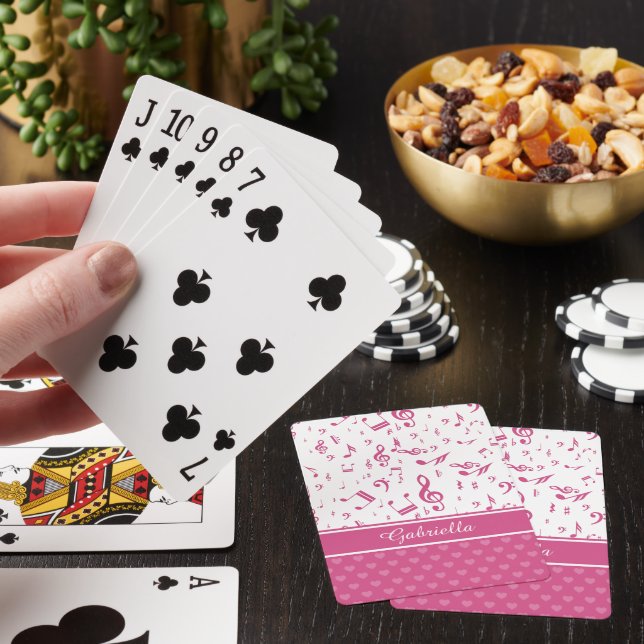 Custom Music Notes and Hearts Pattern Pink White Playing Cards (In Situ)