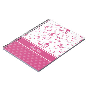 Custom Music Notes and Hearts Pattern Pink White Spiral Notebook