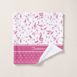 Custom Music Notes and Hearts Pattern Pink White Wash Cloth