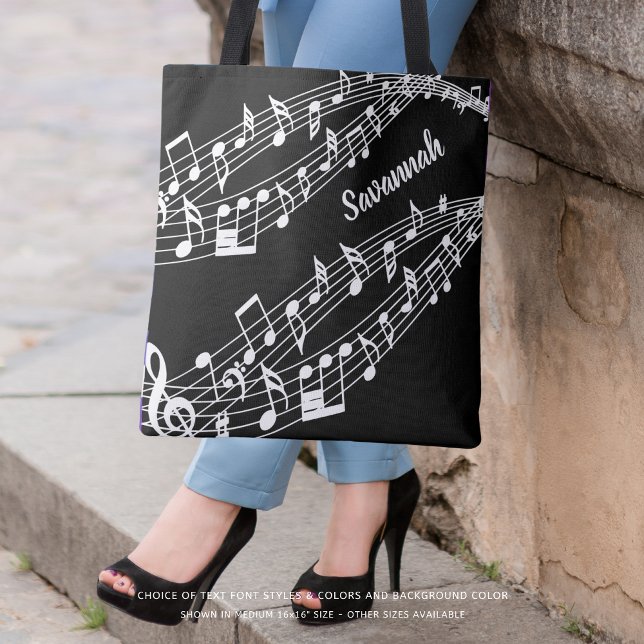 Custom Music Notes Name Black and White Tote Bag (Creator Uploaded)