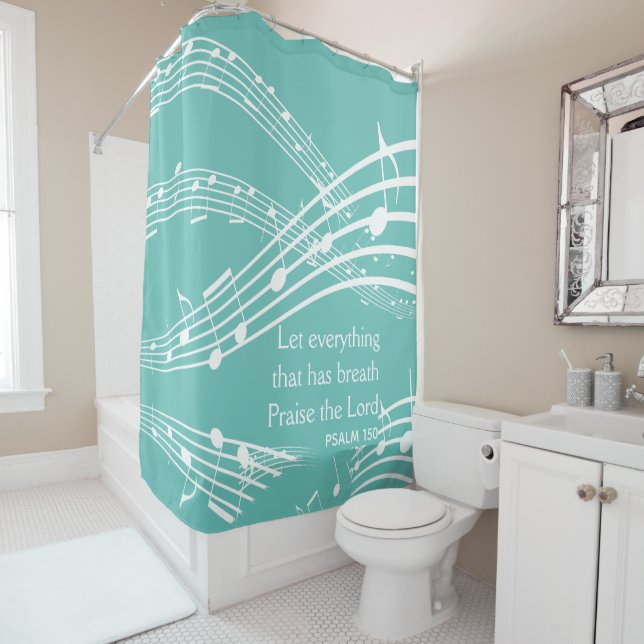 Custom Music Notes Teal Shower Curtain (In Situ)