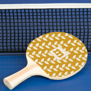 Custom Mustard 70s Leaf Pattern Monogram Ping Pong Paddle