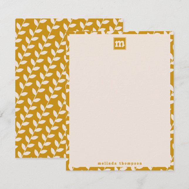 Custom Mustard 70s Retro Leaf Pattern Monogram Card (Front/Back)