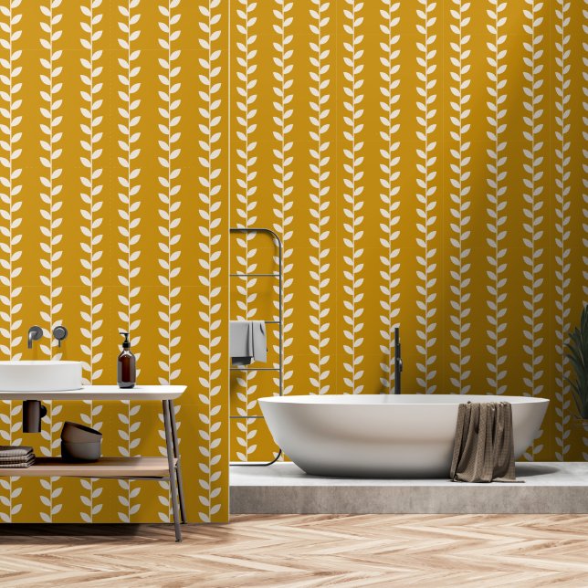 Custom Mustard 70s Retro Leaf Pattern Wallpaper (Bathroom)