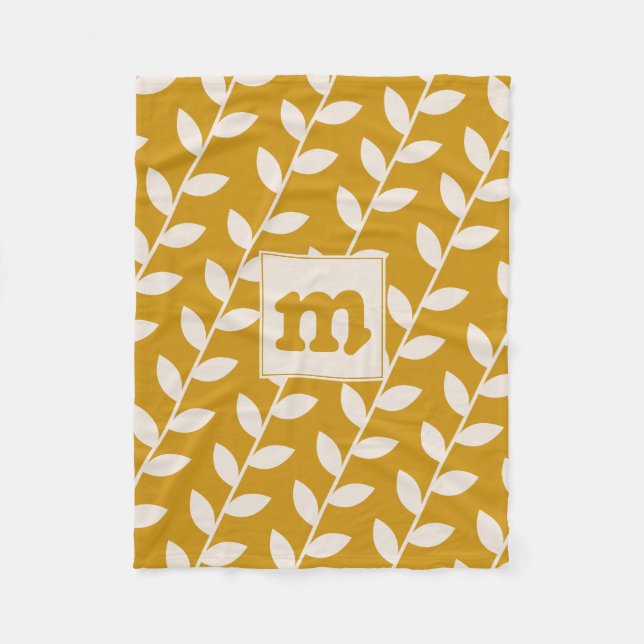 Custom Mustard Retro Leaf Pattern Monogram Fleece Blanket (Front)