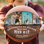 Custom MVP Player Number Photo Collage Woodgrain Basketball<br><div class="desc">Unique personalised basketball keepsake for your basketball MVP to celebrate the end of their season. Our design feature 4 photo collage with a faux rustic woodgrain background. Customise with school or team name, year, name, and jersey number. Design by Moodthology Papery. The perfect gift to give to your kids to...</div>